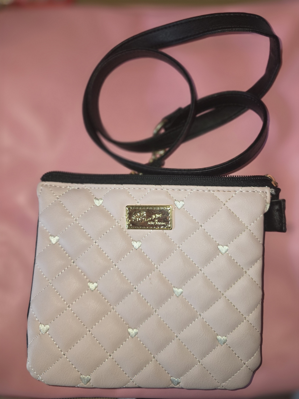 Betsey Johnson Pink Quilted Heart Crossbody with Black Strap